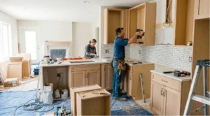 Two professional contractors installing wooden cabinets and tiling a white subway backsplash during a home remodel, a key factor in determining total kitchen renovation cost.