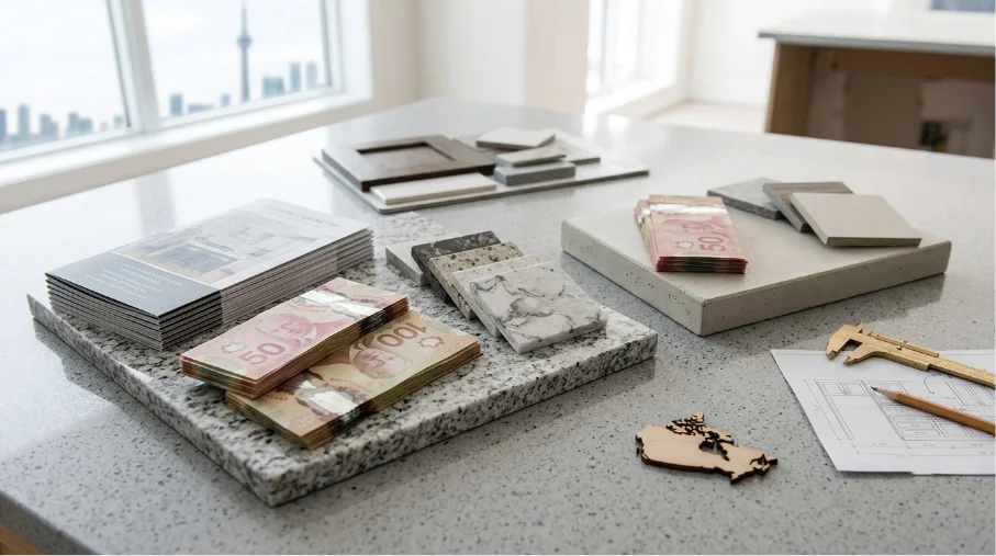 A countertop display of kitchen renovation cost planning materials, featuring marble and granite stone samples, stacks of Canadian cash, project brochures, and a sketch blueprint with the Toronto CN Tower skyline in the background.