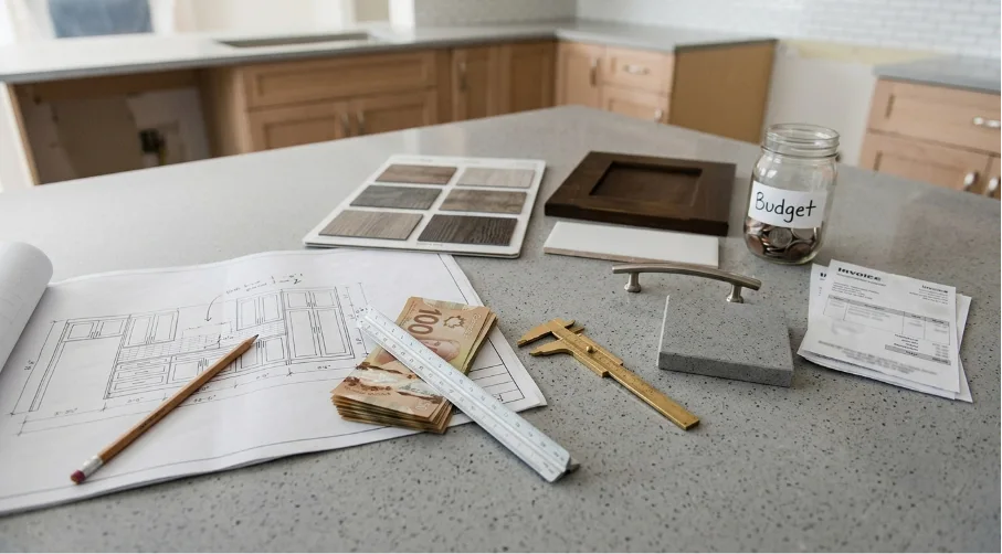 Kitchen renovation cost planning layout on a grey countertop featuring architectural blueprints, Canadian dollar bills, material samples, and a budget jar.