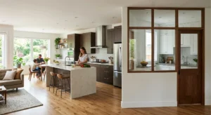 A modern home showing the layout of open vs closed kitchens, featuring an open-concept kitchen island on the left and a semi-closed kitchen section with a glass partition wall on the right.