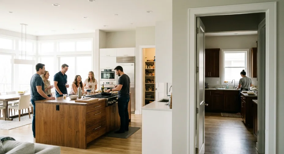 A side-by-side home layout illustrating open vs closed kitchens, featuring an open kitchen island filled with socializing guests next to a traditional closed kitchen room seen through an open doorway.