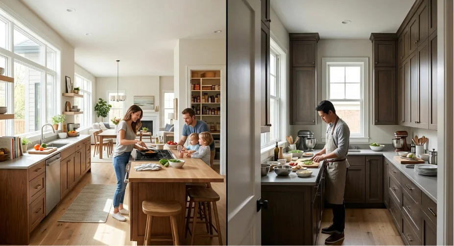 A side-by-side comparison of open vs closed kitchens, showing a family socializing in a bright open-concept kitchen layout on the left, and a chef preparing food in a private closed kitchen layout on the right.
